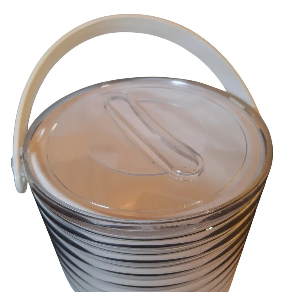 Sally Designs Ice Bucket Clear Acrylic Ribbed White Handle Lid Tongs‎ Glencoe